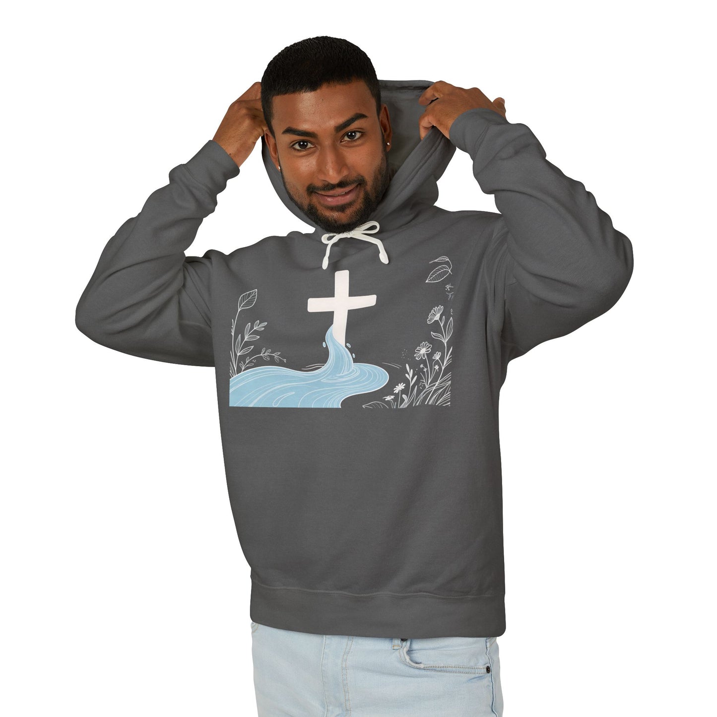 Lightweight Faith Hoodie — Subtle Cross & Stream Design