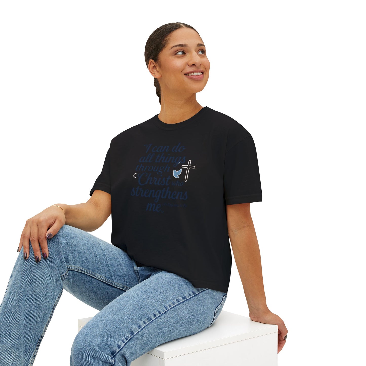Christian Graphic Boxy Tee — "I Can Do All Things Through Christ" Inspirational Women’s T‑Shirt