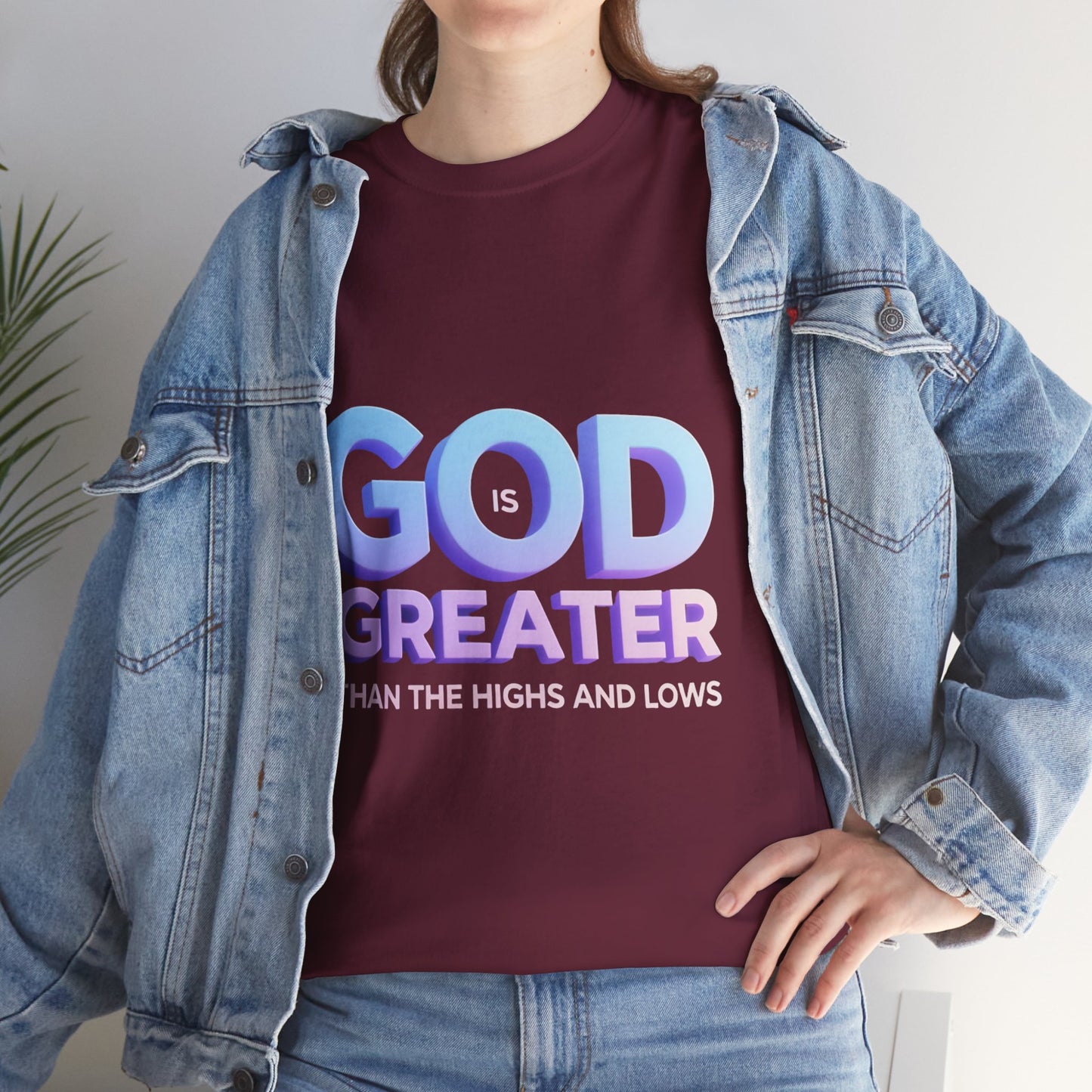 God Greater Gradient Tee — Soft Blue & Lilac Faith Shirt