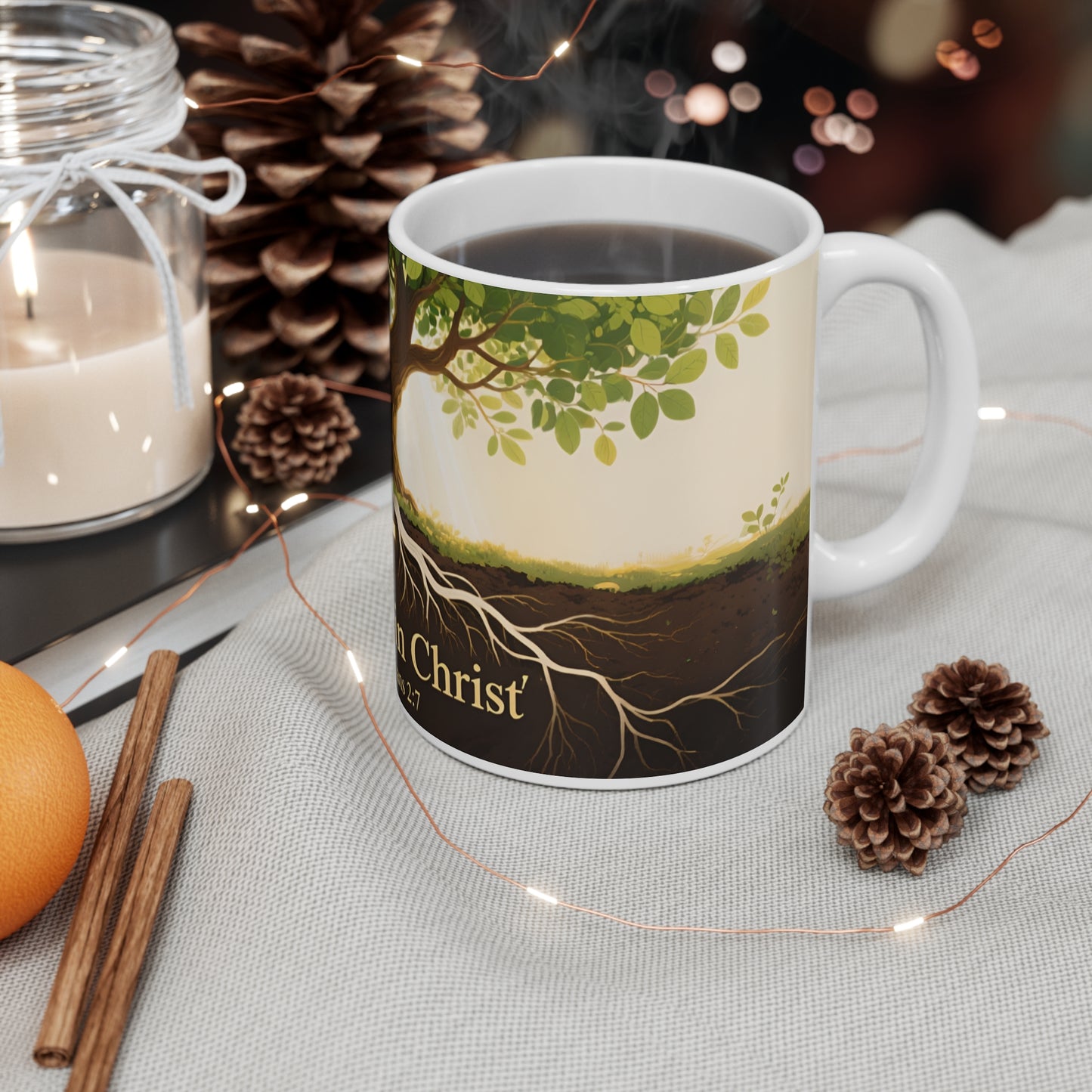 Rooted in Christ Mug — Christian Coffee Mug with Tree and Colossians 2:7 Scripture