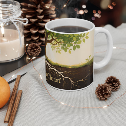 Rooted in Christ Mug — Christian Coffee Mug with Tree and Colossians 2:7 Scripture