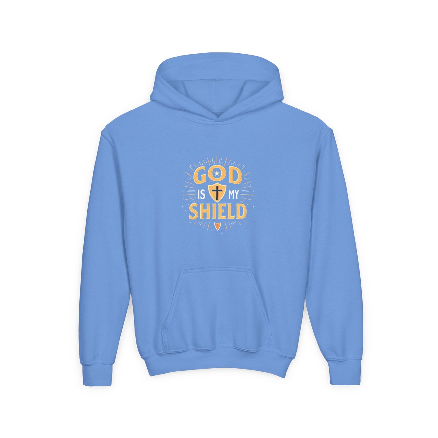 Youth Hoodie — "God Shield" Faith Graphic Pullover