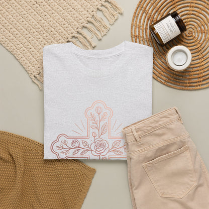 Floral Cross Tee – Delicate Pink Botanical Christian T-Shirt