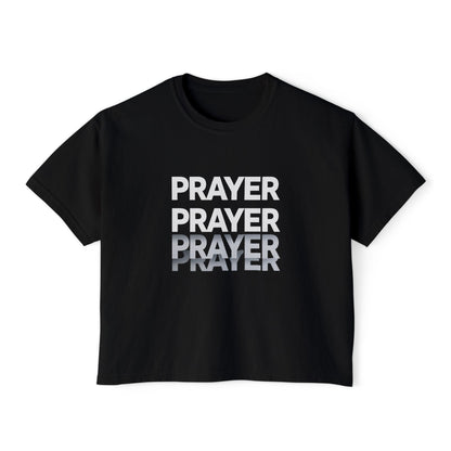 Prayer Boxy Tee — Women's Spiritual Graphic Top (Prayer Repeated Design)