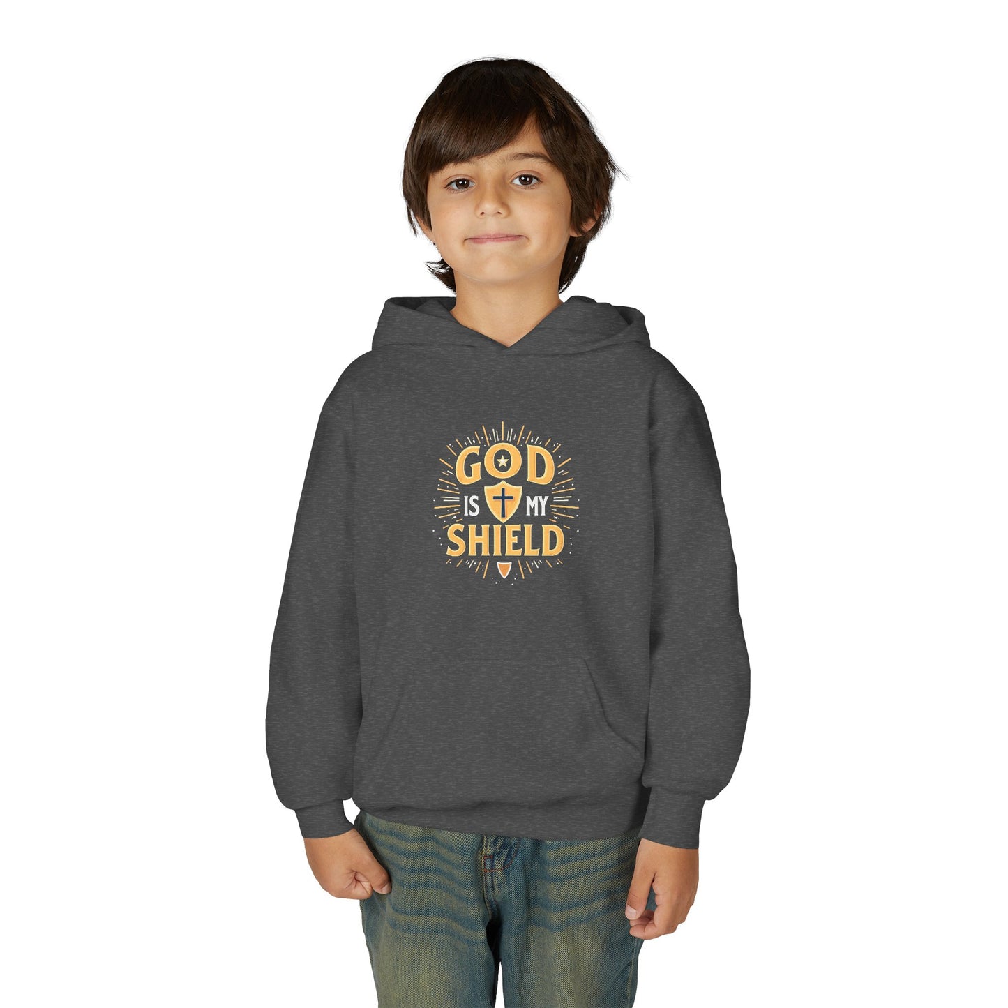 Youth Hoodie — "God Shield" Faith Graphic Pullover