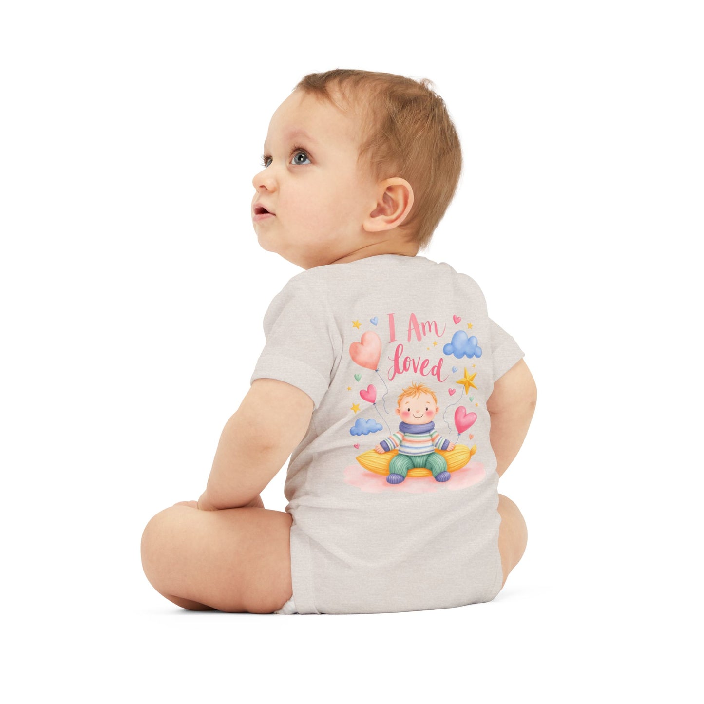 “I Am Loved” Baby Onesie – Cute Infant Bodysuit with Heart & Cloud Illustration