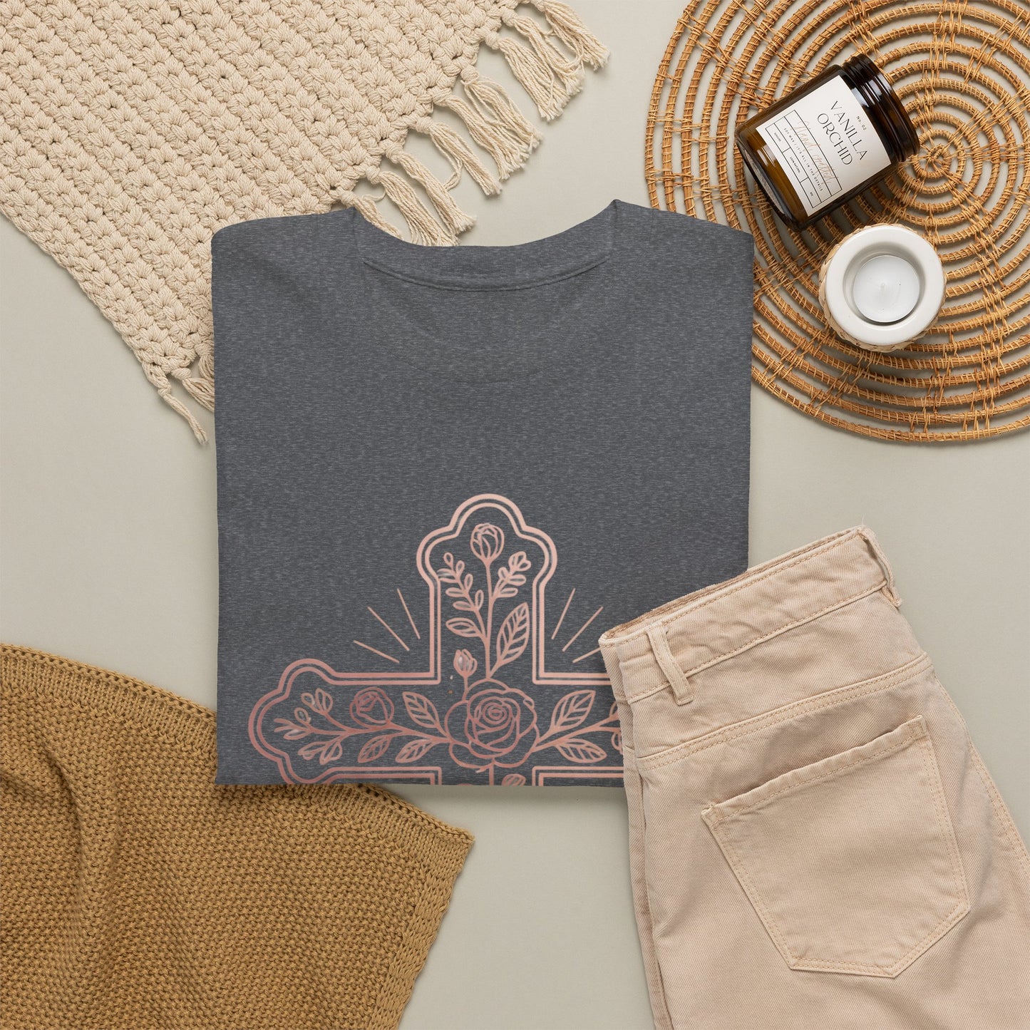 Floral Cross Tee – Delicate Pink Botanical Christian T-Shirt