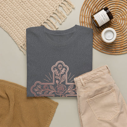 Floral Cross Tee – Delicate Pink Botanical Christian T-Shirt
