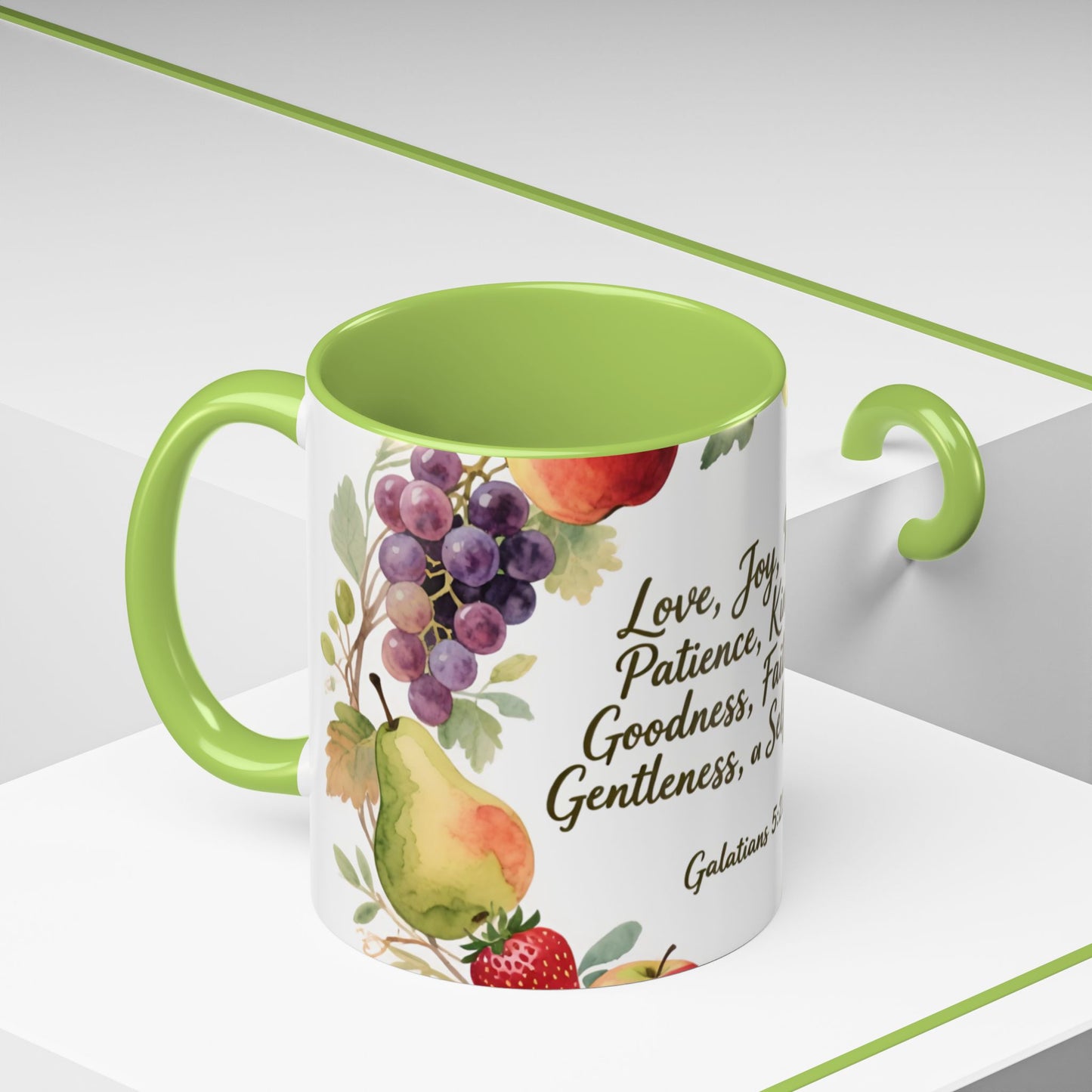 Christian Fruit of the Spirit Accent Coffee Mug — Galatians 5:22-23 Floral Scripture Design (11/15oz)