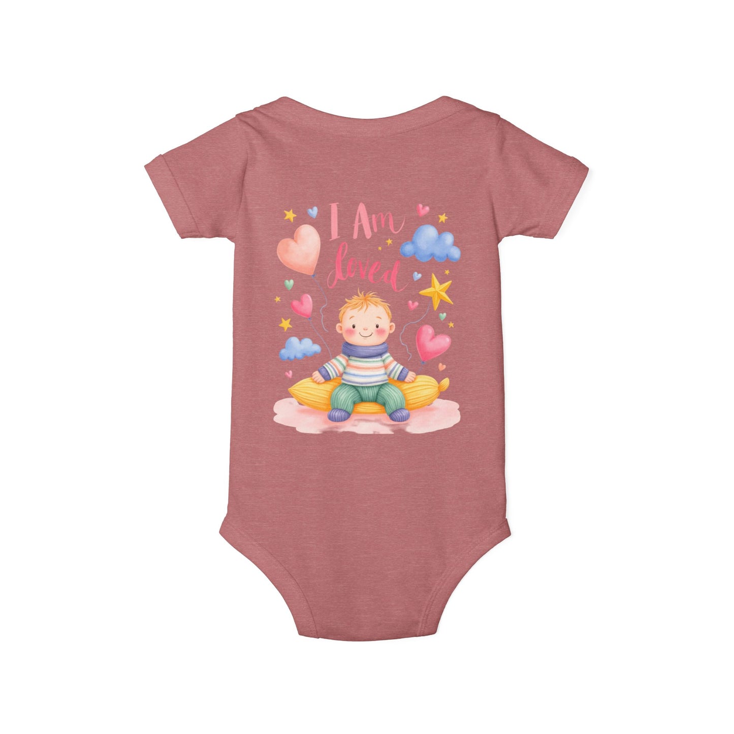 “I Am Loved” Baby Onesie – Cute Infant Bodysuit with Heart & Cloud Illustration