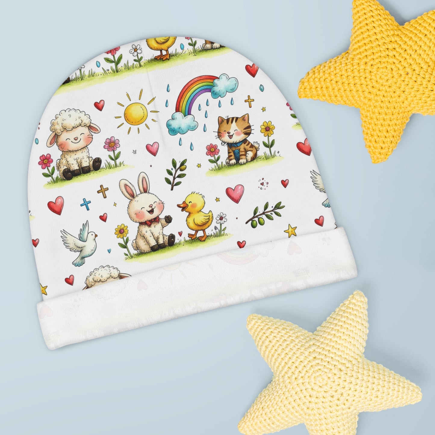 Baby Beanie – Cute Christian Animal Pattern (Lamb, Bunny, Duck, Puppy, Rainbow)