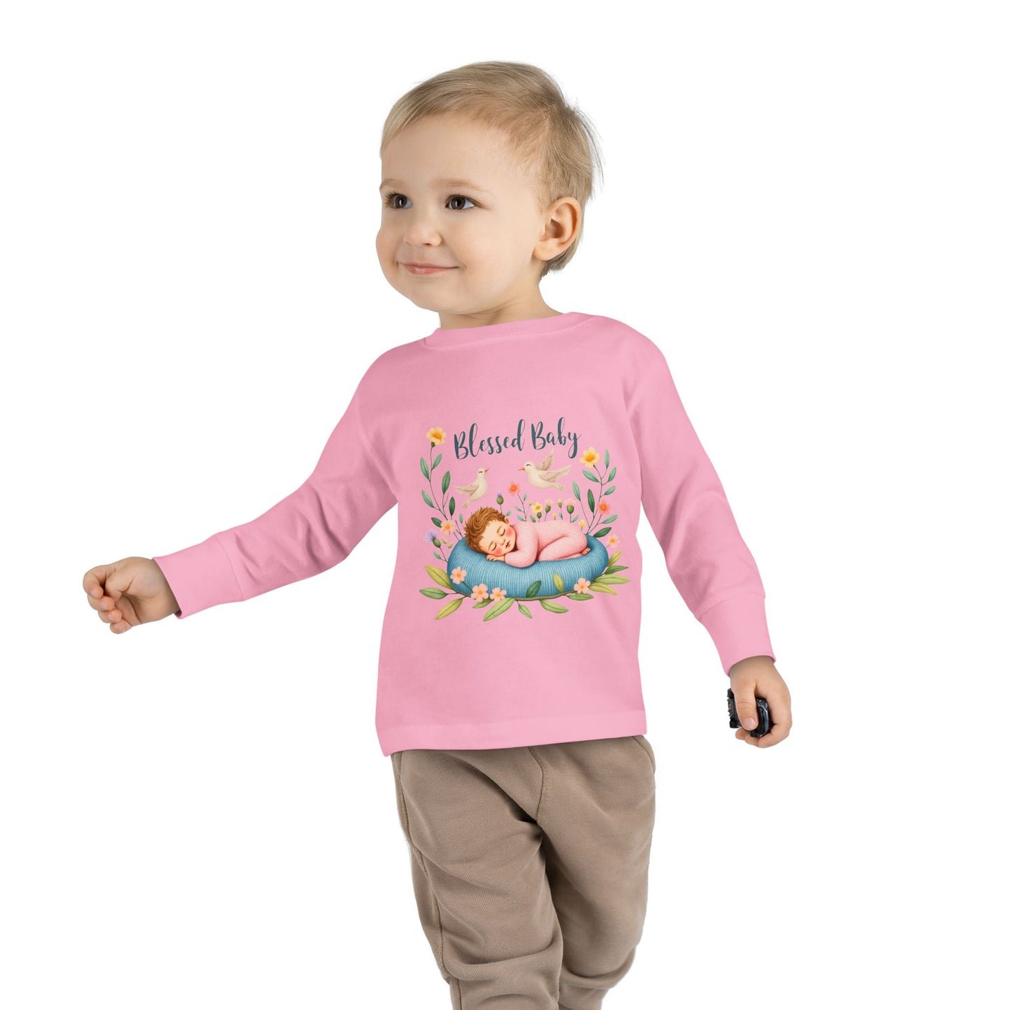 Blessed Baby Toddler Long Sleeve Tee — Cute Sleeping Newborn Floral Design