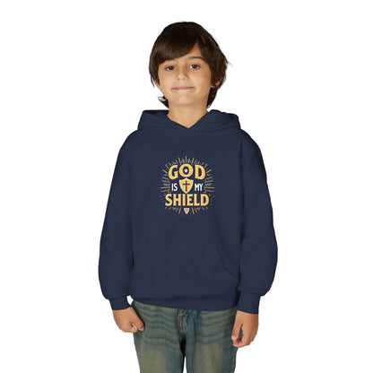 Youth Hoodie — "God Shield" Faith Graphic Pullover
