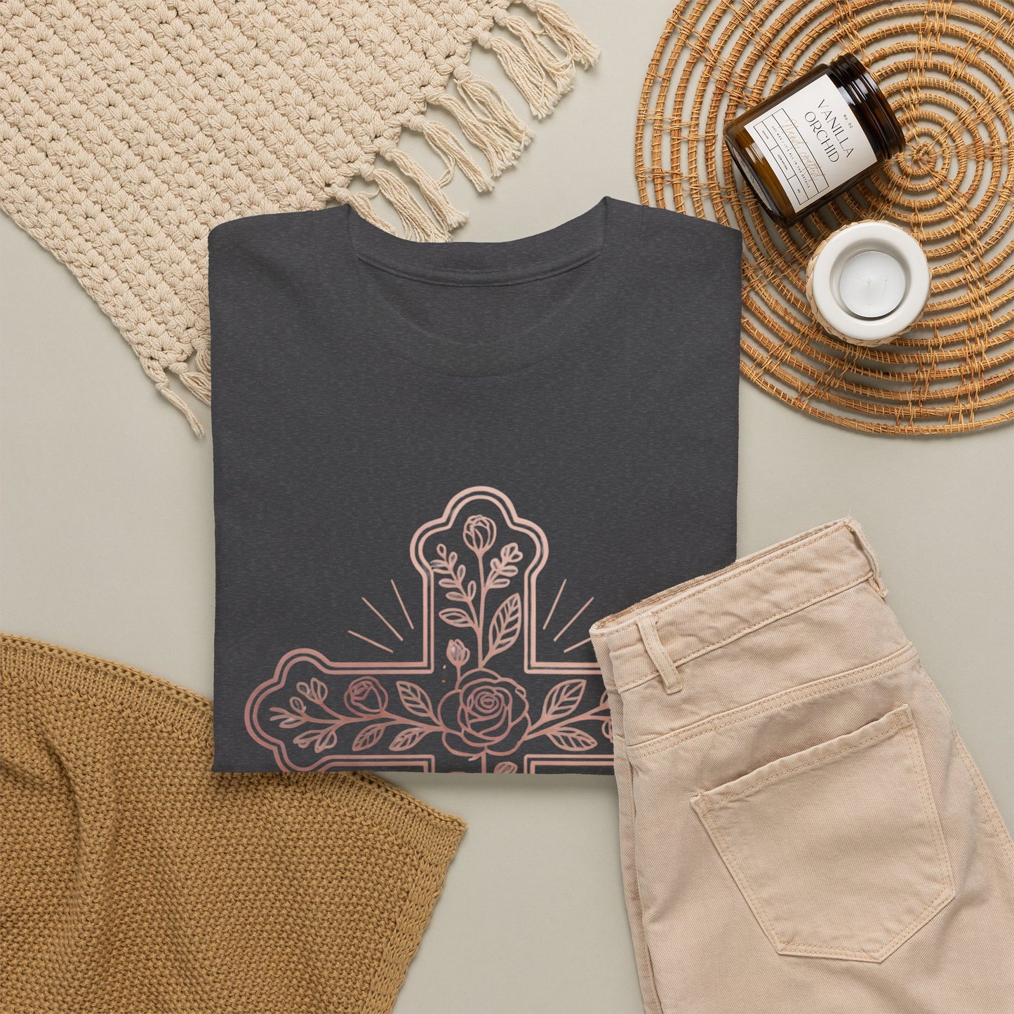 Floral Cross Tee – Delicate Pink Botanical Christian T-Shirt