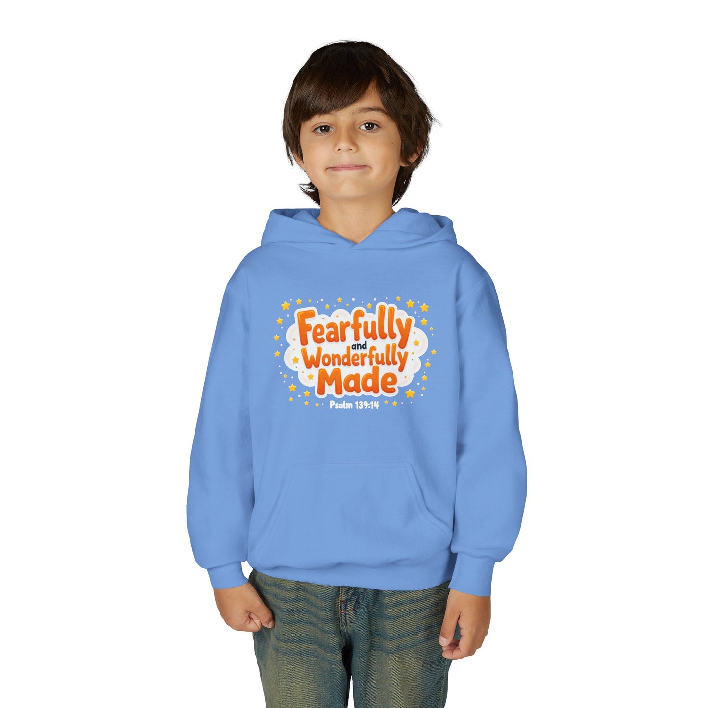 Youth Hoodie — "Fearfully & Wonderfully Made" Christian Kids Sweatshirt (Psalm 139:14)