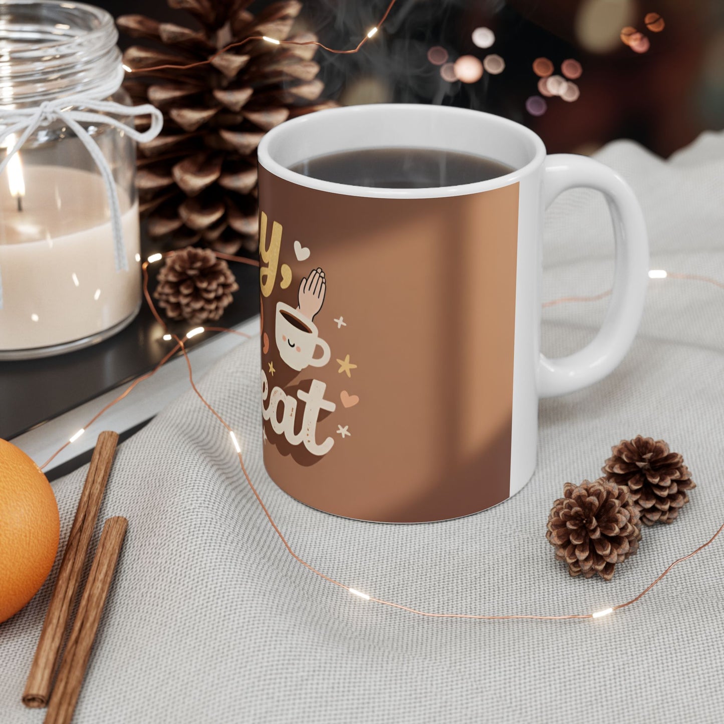 Pray Sip Repeat Mug | Ceramic Coffee Cup, Brown Stripes
