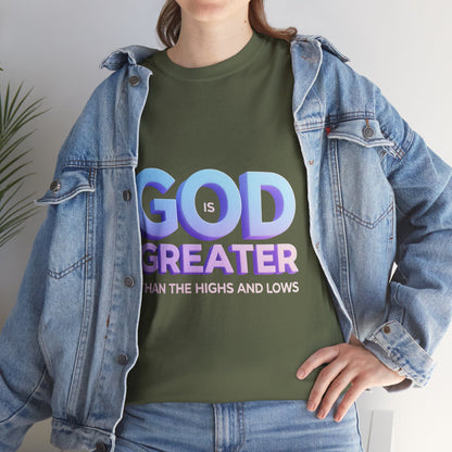 God Greater Gradient Tee — Soft Blue & Lilac Faith Shirt