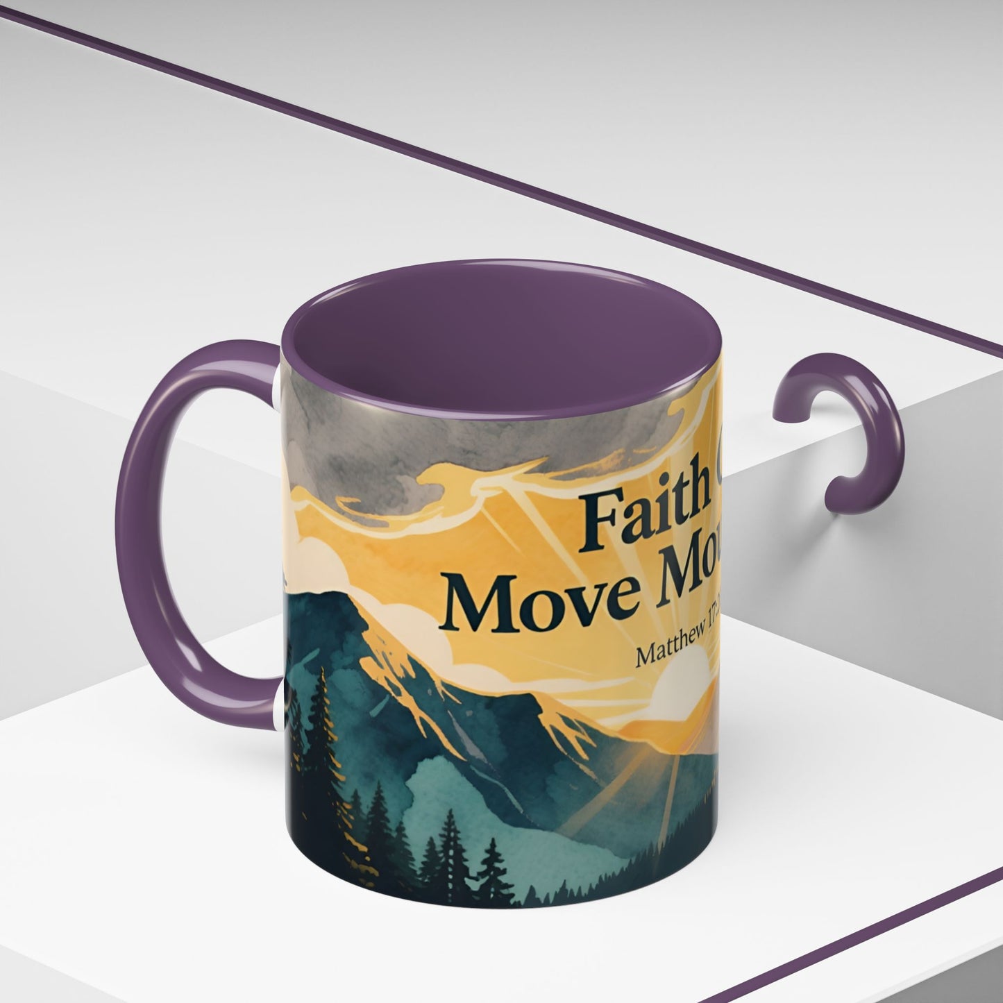 Faith Can Move Mountains Coffee Mug — Matthew 17:20 Inspirational Accent Mug
