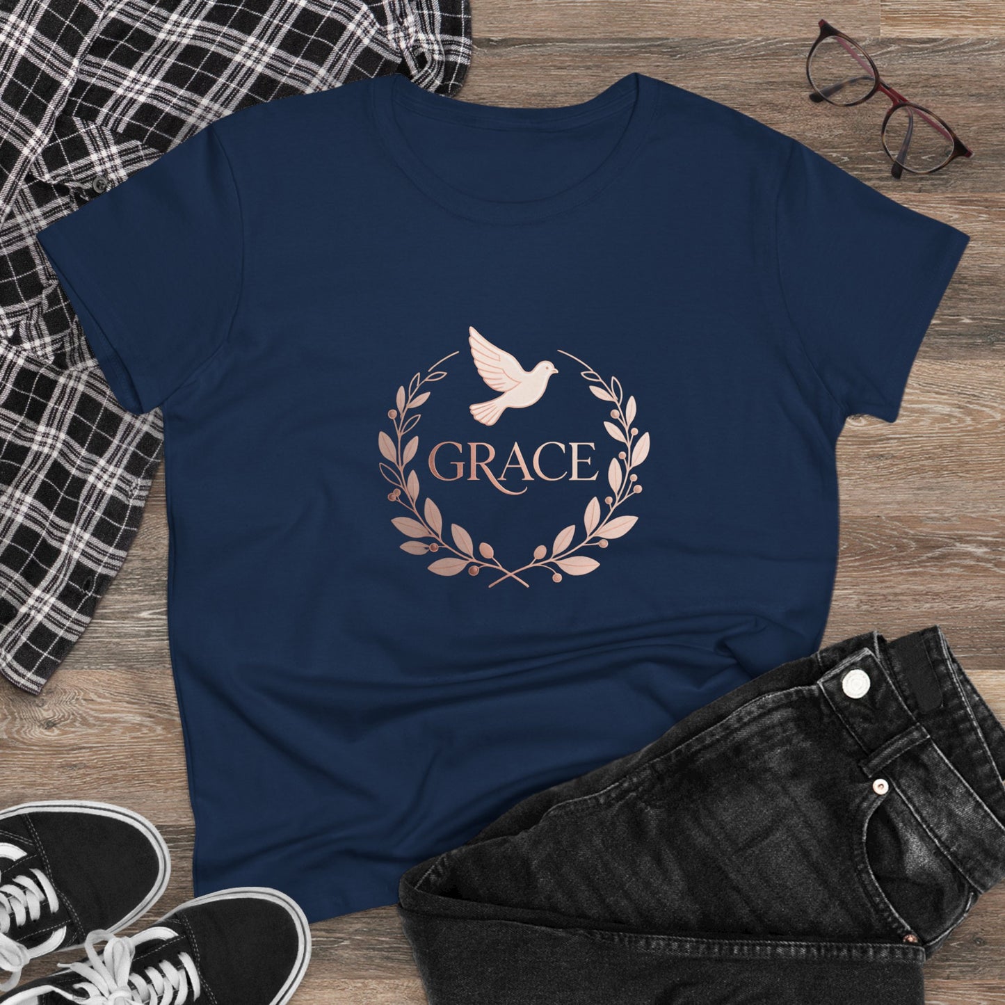 Graceful Dove Wreath Tee — Women's Rose-Gold Reminder Tee