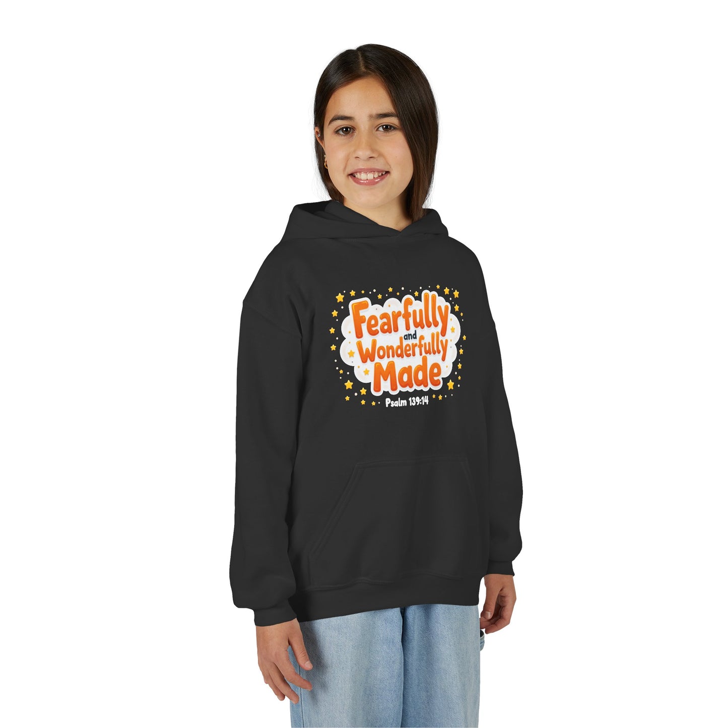 Youth Hoodie — "Fearfully & Wonderfully Made" Christian Kids Sweatshirt (Psalm 139:14)
