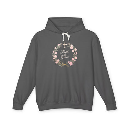 Faith & Grace Blush Rose Hoodie — Lightweight Floral Cross Pullover