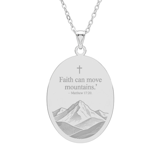 Faith Can Move Mountains Oval Pendant – Christian Inspirational Necklace (Cross & Mountain Design)