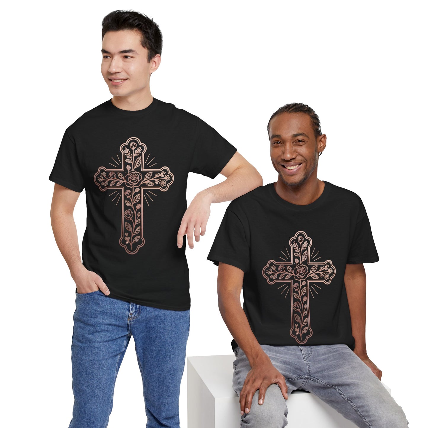 Floral Cross Tee – Delicate Pink Botanical Christian T-Shirt
