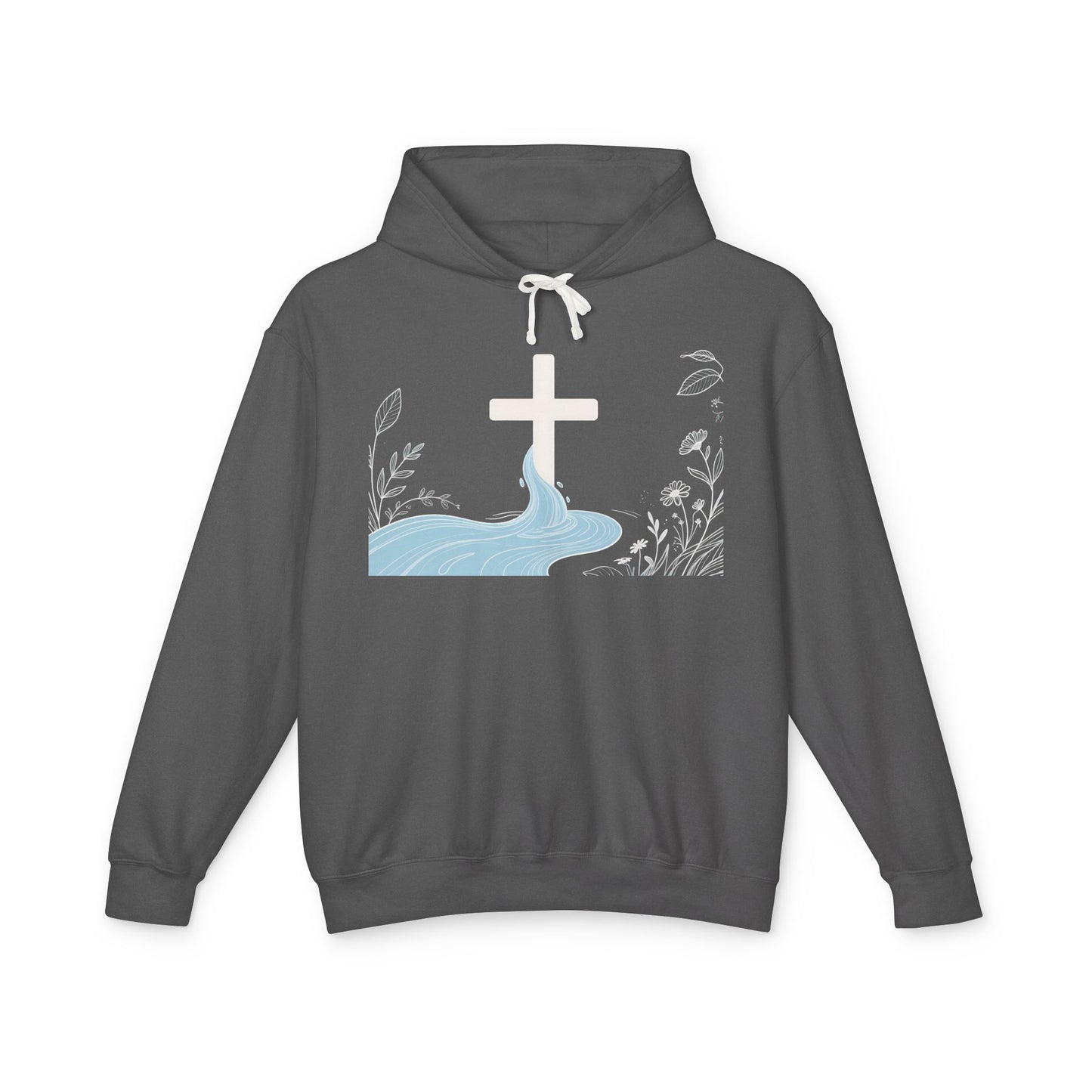 Lightweight Faith Hoodie — Subtle Cross & Stream Design