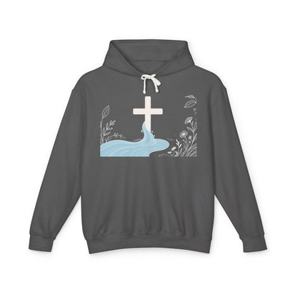 Lightweight Faith Hoodie — Subtle Cross & Stream Design