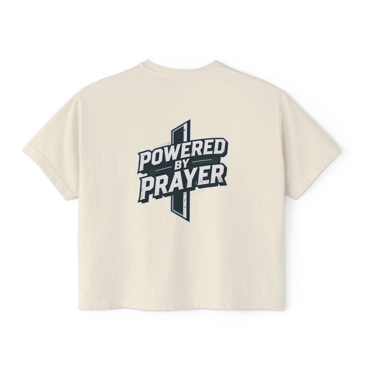 Powered by Prayer Boxy Tee — Women's Christian Graphic Shirt