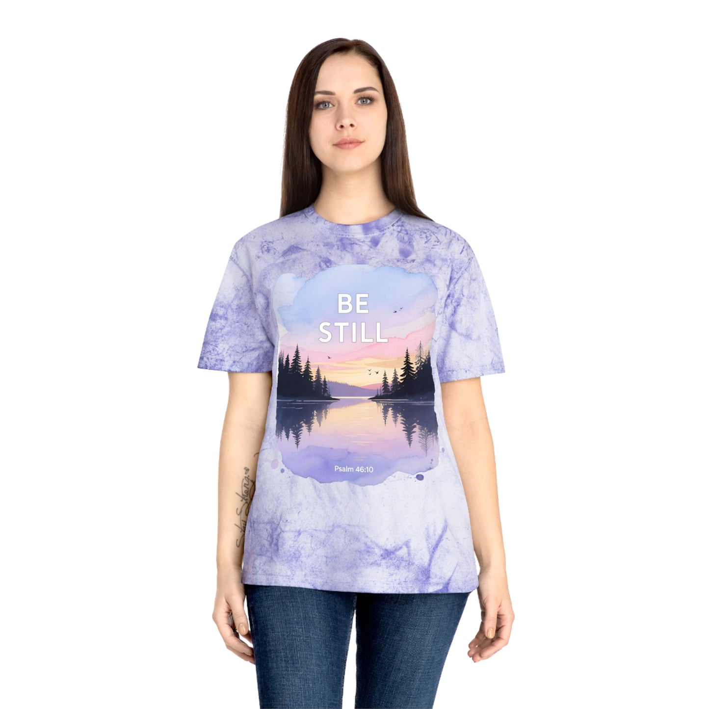 Be Still Scenic T-Shirt — Psalm 46:10 Sunset Lake Tee