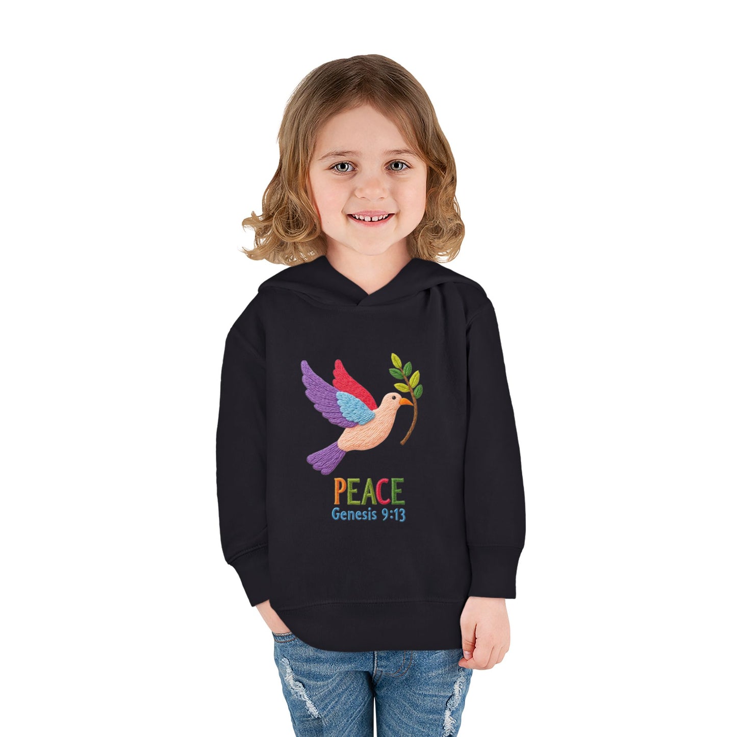 Toddler Hoodie — Colorful Peace Dove with Olive Branch & “PEACE Genesis 9:13”