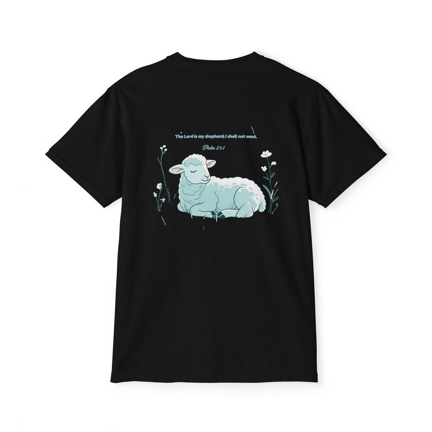 Lamb Rest Pocket T‑Shirt — Vintage Seafoam Pocket Tee with Script Verse