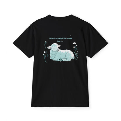 Lamb Rest Pocket T‑Shirt — Vintage Seafoam Pocket Tee with Script Verse