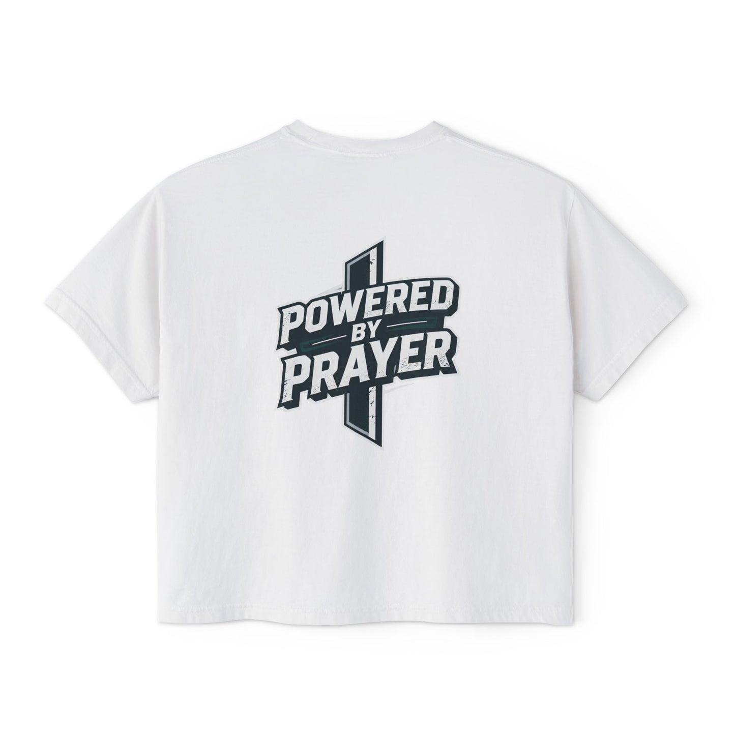 Powered by Prayer Boxy Tee — Women's Christian Graphic Shirt