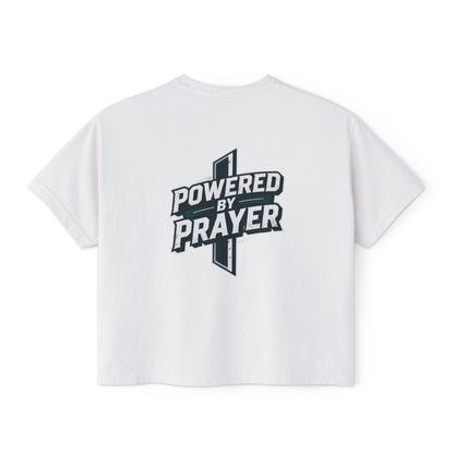 Powered by Prayer Boxy Tee — Women's Christian Graphic Shirt