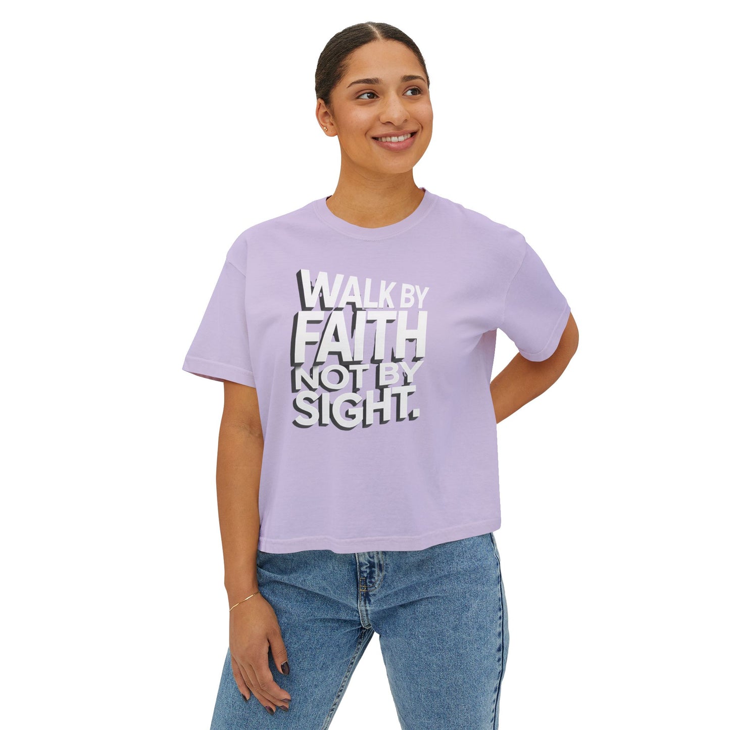 Women's Boxy Tee — "Walk By Faith Not By Sight" Graphic Crop Tee