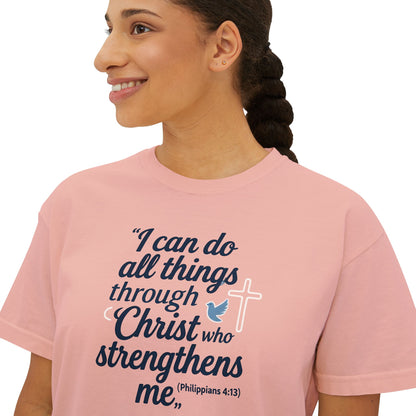 Christian Graphic Boxy Tee — "I Can Do All Things Through Christ" Inspirational Women’s T‑Shirt