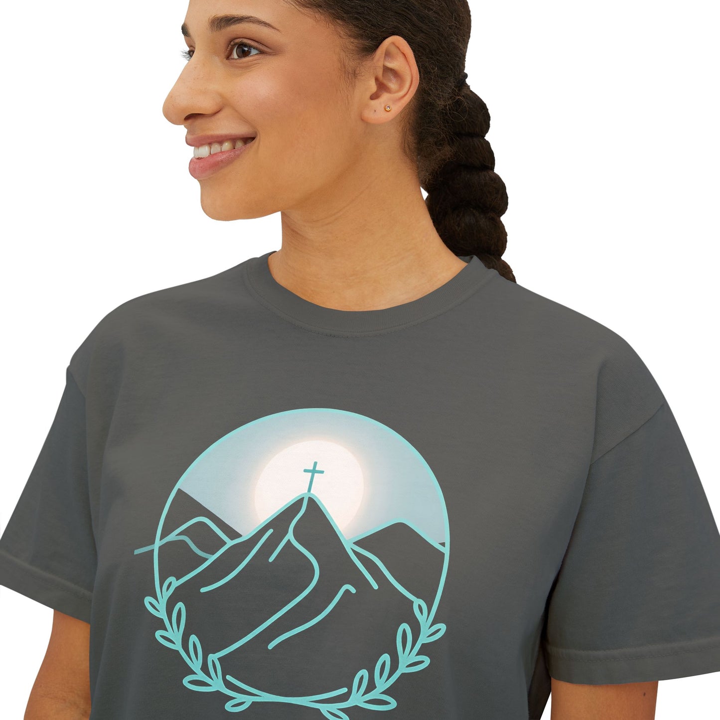 Women's Boxy Tee — Sunrise Mountain Line Art with Laurel (Calm, Faith-Inspired Vintage Tee)