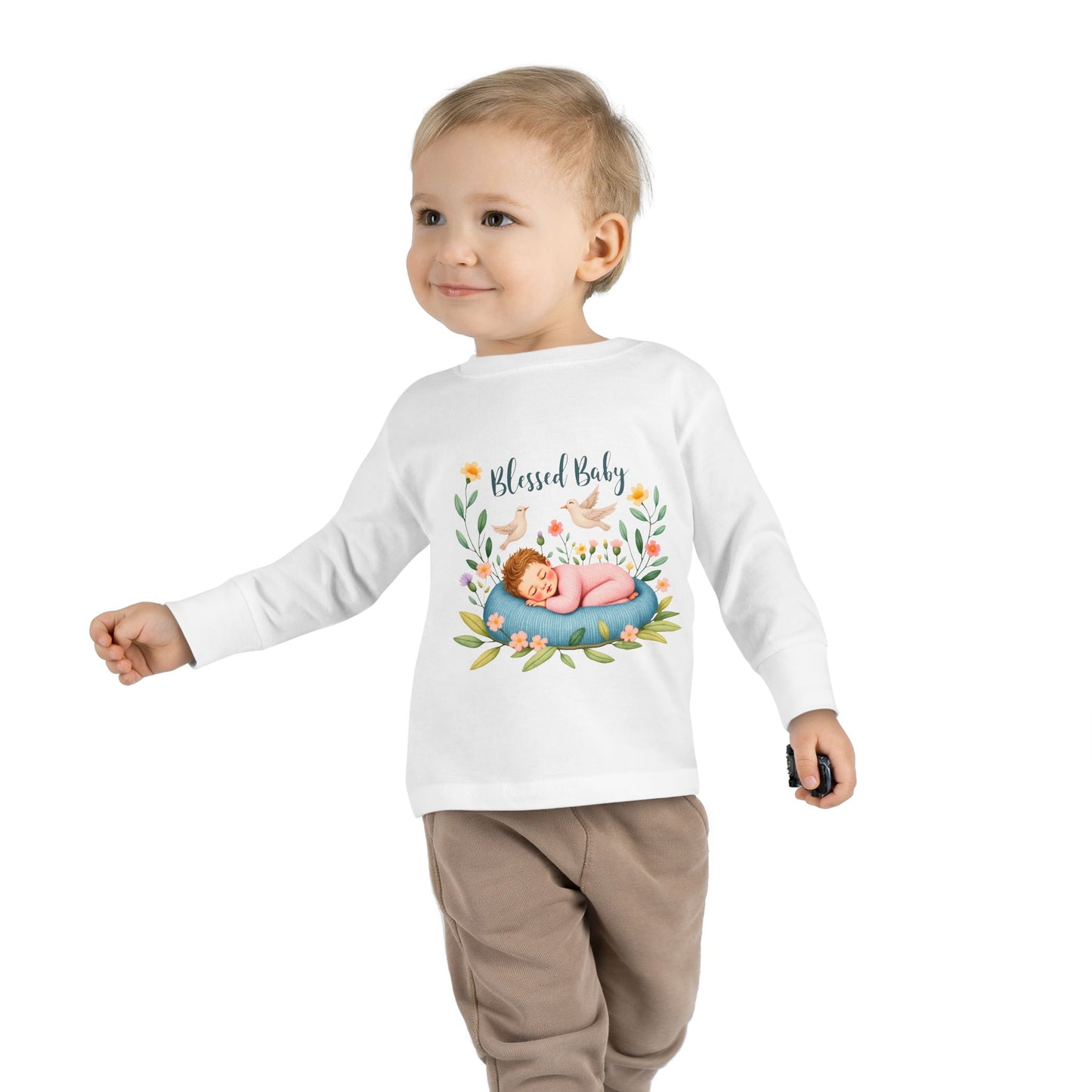 Blessed Baby Toddler Long Sleeve Tee — Cute Sleeping Newborn Floral Design