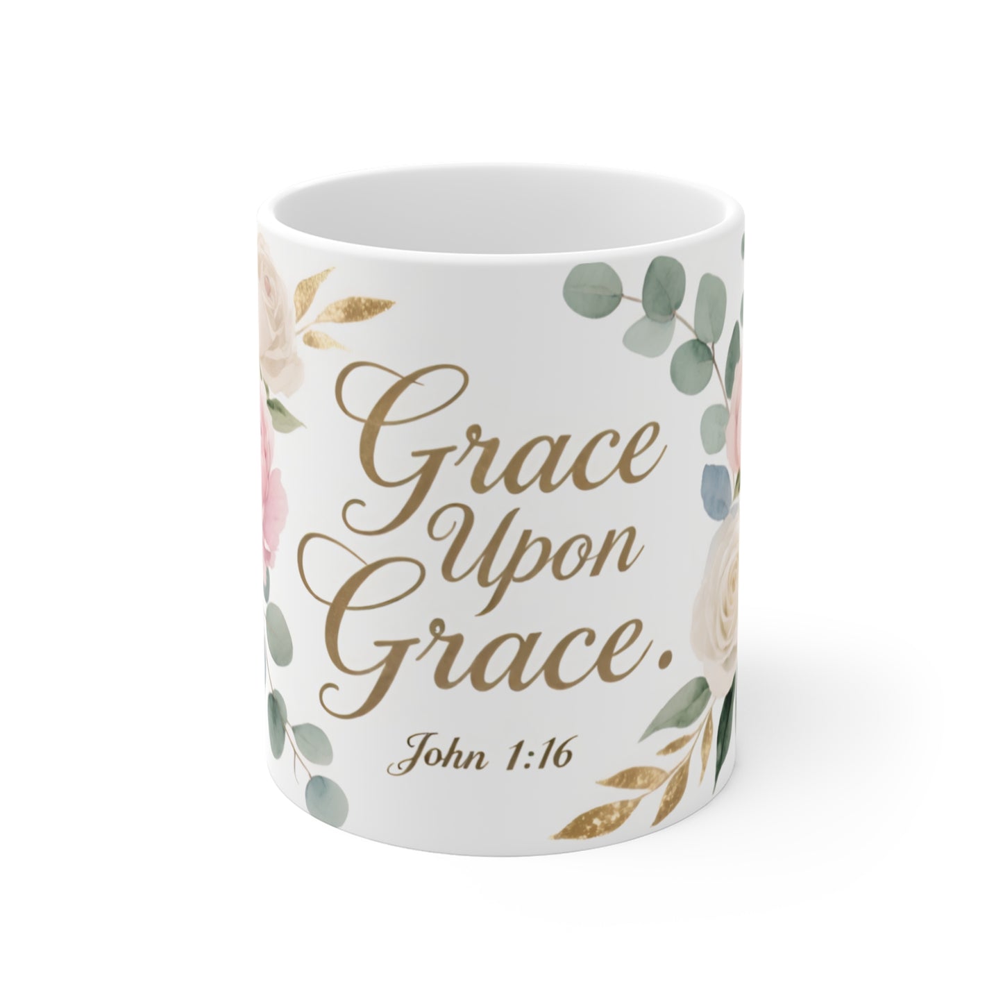 Grace Upon Grace Ceramic Mug — 11 oz Watercolor Floral Coffee Cup
