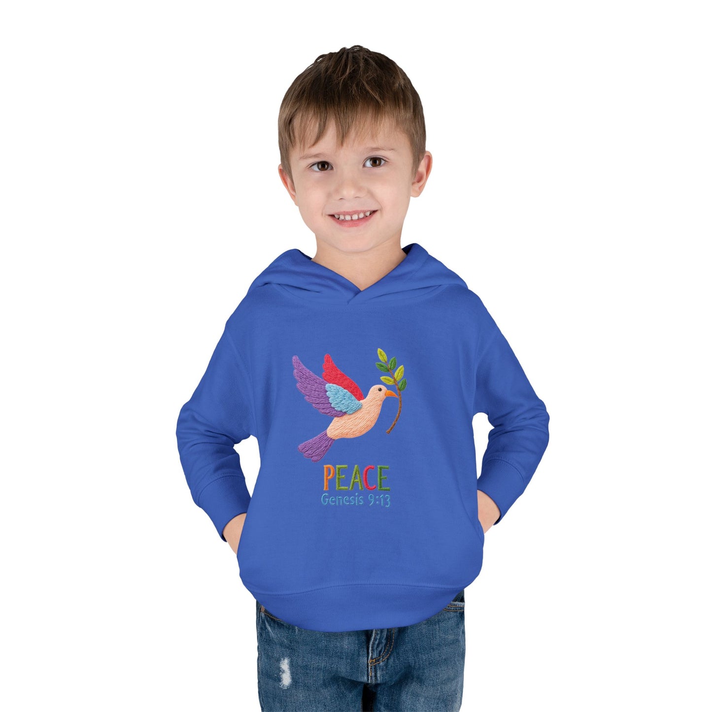 Toddler Hoodie — Colorful Peace Dove with Olive Branch & “PEACE Genesis 9:13”