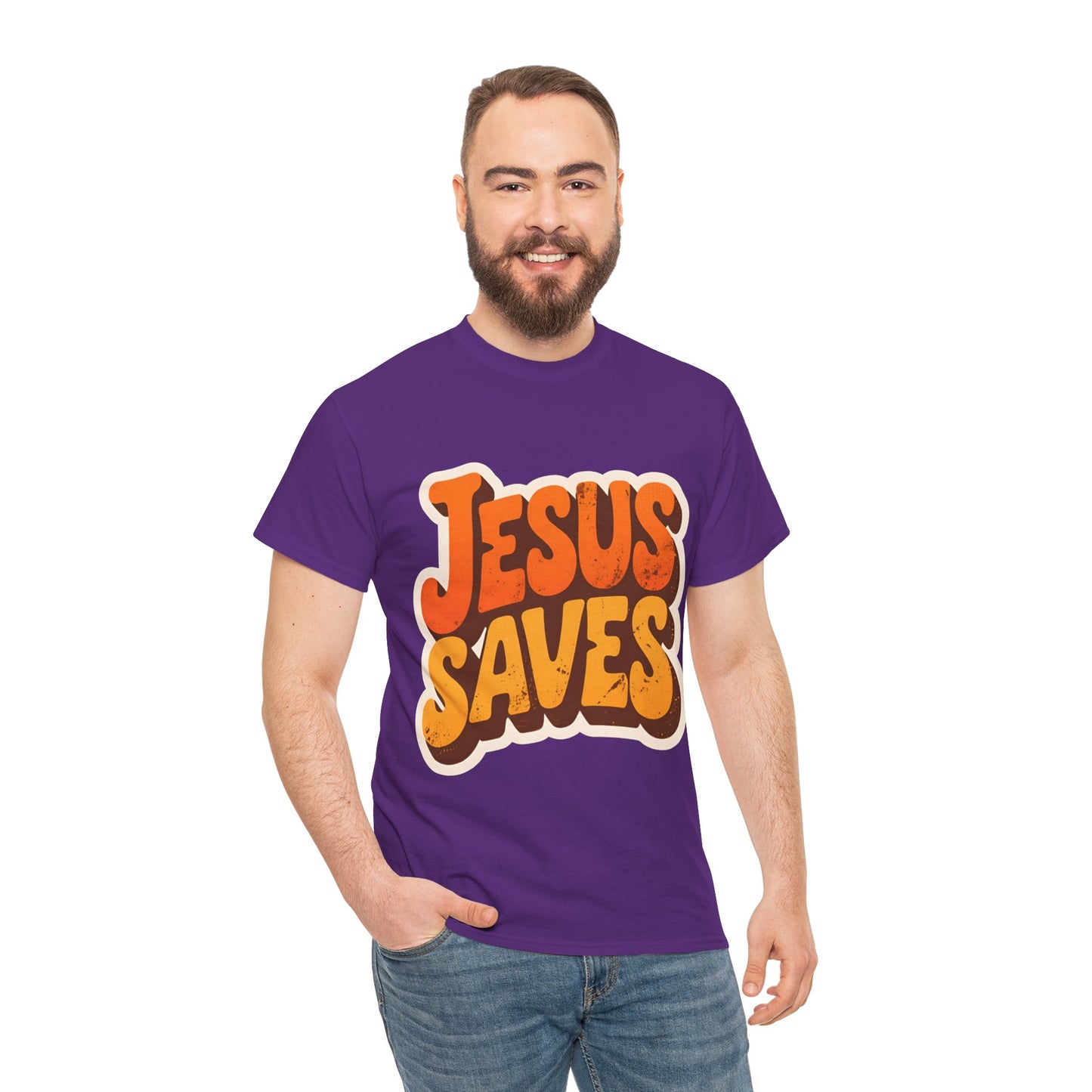 Jesus Saves Retro Tee — Bright Sunset Faith T-Shirt