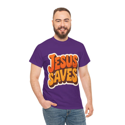 Jesus Saves Retro Tee — Bright Sunset Faith T-Shirt