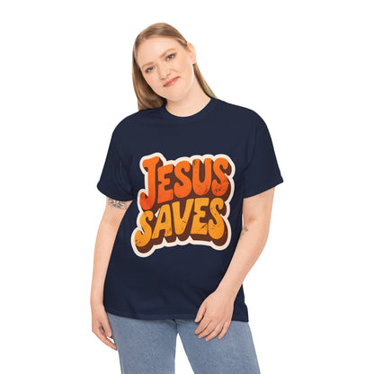Jesus Saves Retro Tee — Bright Sunset Faith T-Shirt