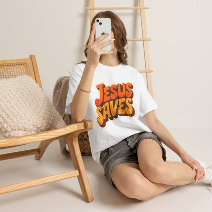 Jesus Saves Retro Tee — Bright Sunset Faith T-Shirt