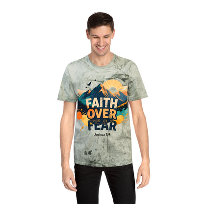 Faith Over Fear Color-Blast T-Shirt — Joshua 1:9 Retro Sunrise