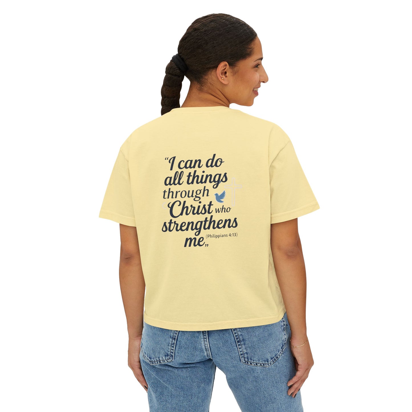 Christian Graphic Boxy Tee — "I Can Do All Things Through Christ" Inspirational Women’s T‑Shirt