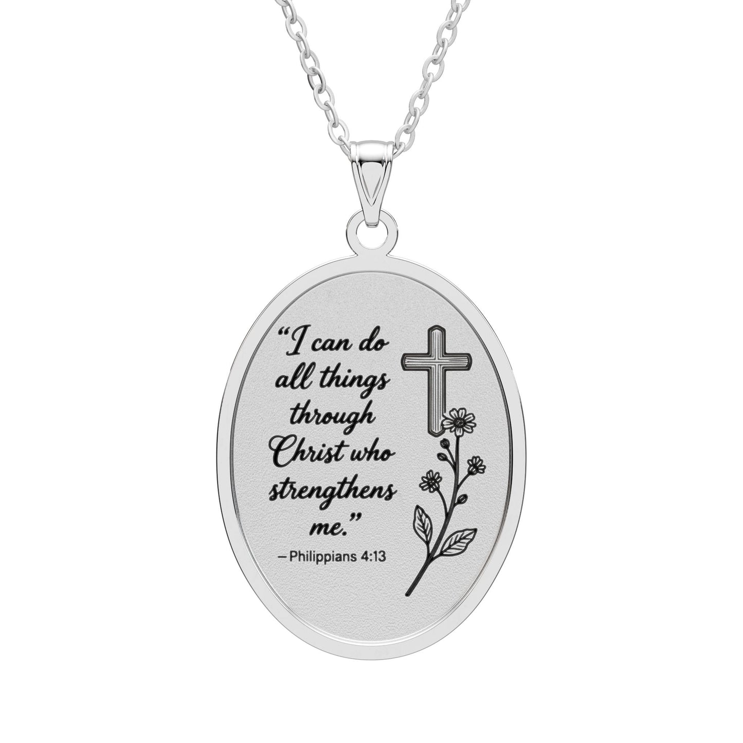 Philippians 4:13 Oval Pendant Necklace — Inspirational Cross Floral Engraved Jewelry (Gold/Silver)
