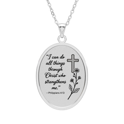 Philippians 4:13 Oval Pendant Necklace — Inspirational Cross Floral Engraved Jewelry (Gold/Silver)